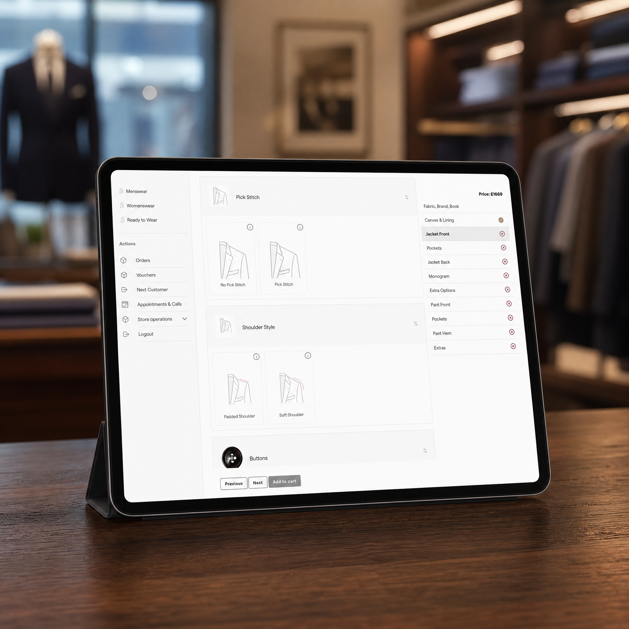 Customisation screen on iPad — Jacket Front options with sidebar categories